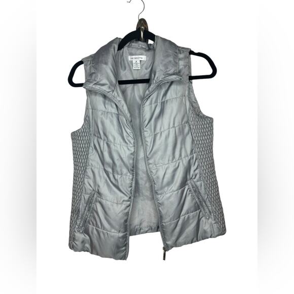 1Liz Claiborne Size Medium Metelic Silver Sleeveless Quilted Full Zipper Vest - Picture 1 of 6
